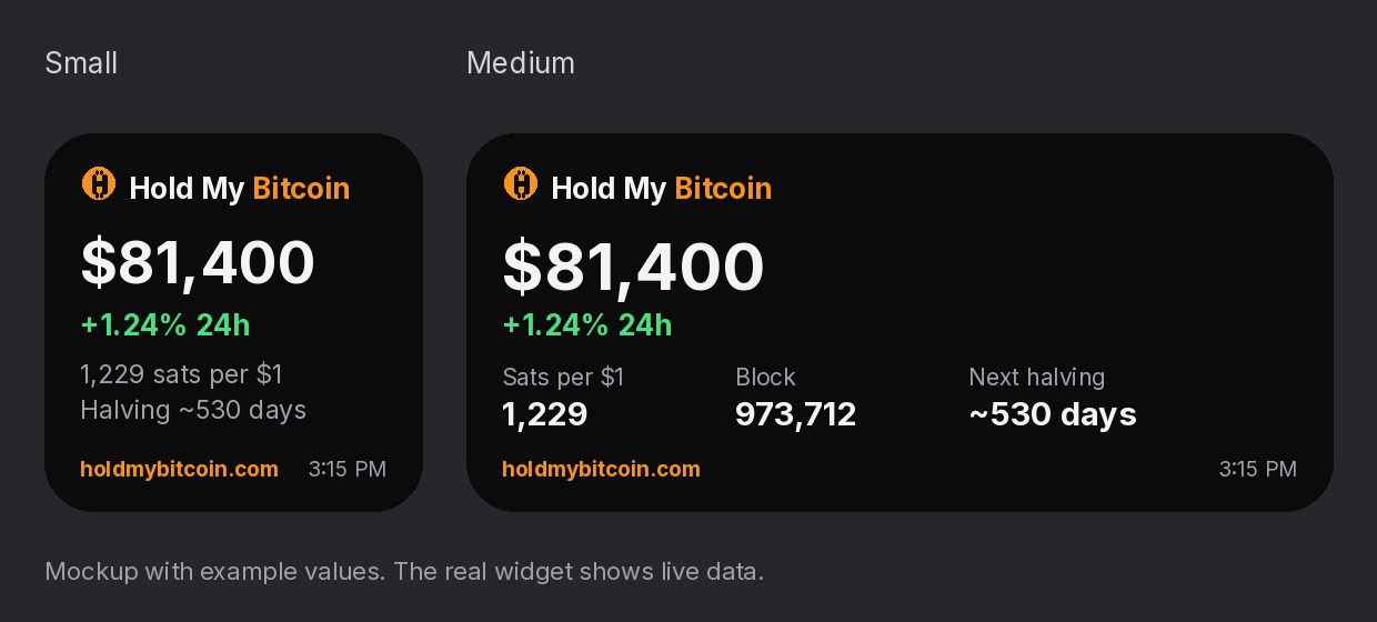 Mockup of the small and medium Hold My Bitcoin widgets, with example values